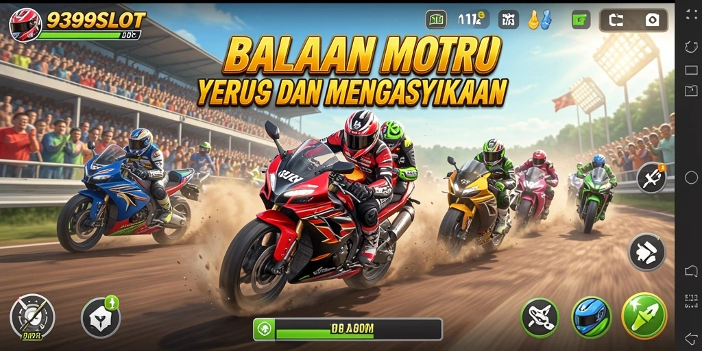 Screenshot utama menunjukkan aksi balapan motor yang mendebarkan di 9399SLOT.