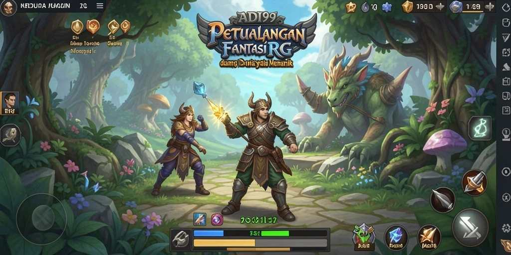Tampilan permainan ADI99 dengan grafik RPG yang fantastis dan karakter menarik.