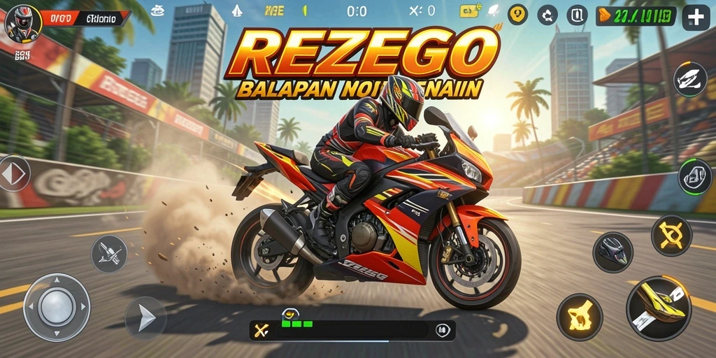 Tangkapan layar gameplay <strong>REZEGO</strong> menunjukkan balapan motor yang mendebarkan.