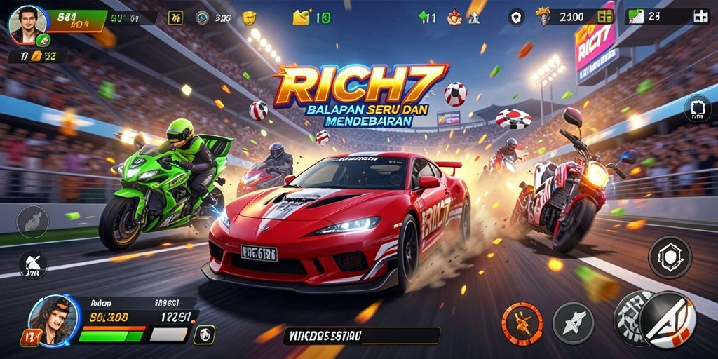 Screenshot gameplay RICH7 yang menunjukkan aksi balapan yang intens.