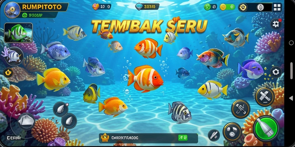 Screenshot gameplay RUMPITOTO yang menampilkan serunya menembak ikan.